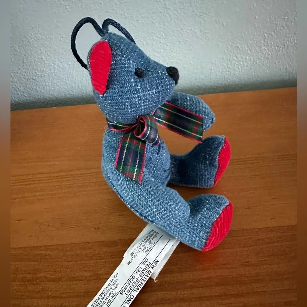 New Pier 1 Imports Denim Blue Jean Teddy Bear Ornament Gingham Plaid Bowtie 4.5”